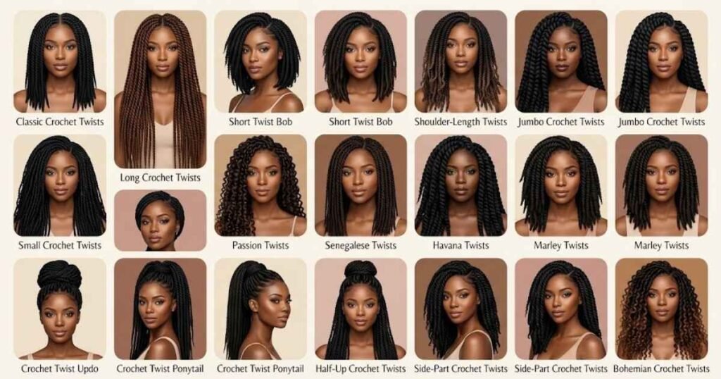 Create a 1200×630 landscape Pinterest-style hairstyle collage featuring exactly 15 different Twist Crochet Hair Styles, based on the hairstyle names below. Show each style on a beautiful Black woman with realistic, professionally installed crochet hair, natural-looking texture, healthy shine, polished edges, and flattering styling.

Arrange the collage in a clean 3×5 editorial grid, with each hairstyle clearly separated by soft rounded frames and subtle spacing. Every hairstyle must look noticeably different in length, thickness, texture, parting, color, or styling.

Include these exact 15 hairstyle names as cute, elegant labels beneath each corresponding look:

Classic Crochet Twists
Long Crochet Twists
Short Twist Bob
Shoulder-Length Twists
Jumbo Crochet Twists
Small Crochet Twists
Passion Twists
Senegalese Twists
Havana Twists
Marley Twists
Crochet Twist Updo
Crochet Twist Ponytail
Half-Up Crochet Twists
Side-Part Crochet Twists
Bohemian Crochet Twists

Use cute Pinterest-style typography for the names, with a refined modern serif or elegant handwritten font. Keep the labels small, clean, readable, and aesthetically integrated into the collage. Do not add the article title or focus keyword.

Give the hairstyles beautiful variations: sleek black twists, warm brown twists, subtle ombre, curly ends, chunky twists, fine twists, side parts, high ponytails, elegant buns, half-up styling, and soft bohemian curls. Keep the colors sophisticated and wearable.

Use a soft cream, beige, warm brown, and muted blush background, gentle natural lighting, high-end salon editorial photography, realistic skin texture, detailed hair strands, natural volume, elegant feminine styling, premium beauty-magazine aesthetic, and an eye-catching Pinterest composition.

15 Amazing Twist Crochet Hair Styles to Try