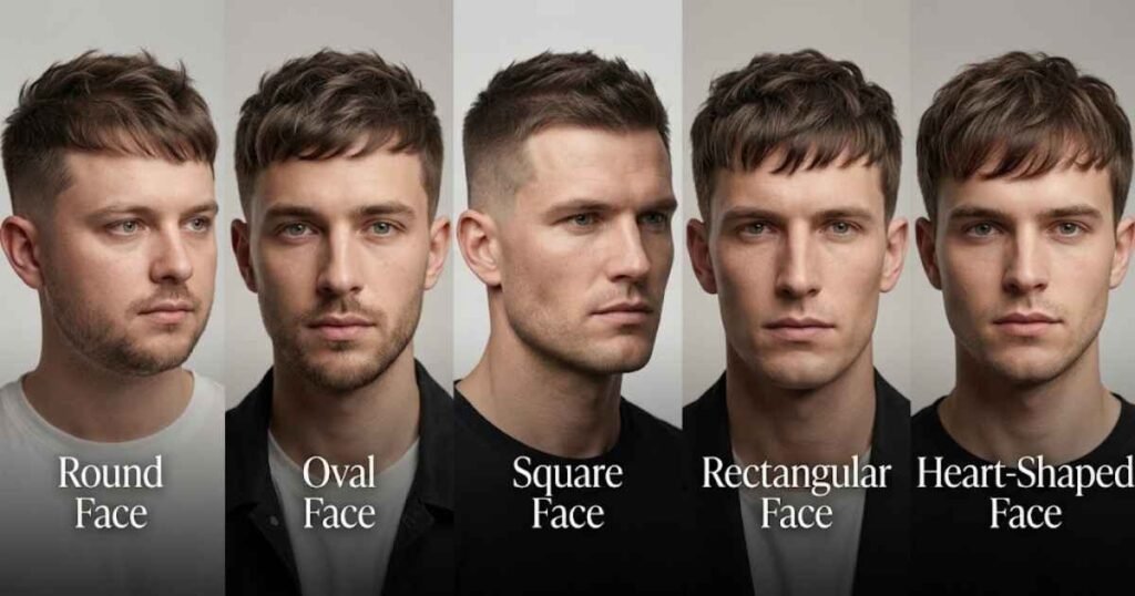 Create a premium photorealistic 5-panel men's haircut collage showing the best haircuts for thin hair based on face shape. Use a sophisticated editorial men's grooming aesthetic with five distinct adult male models, each with naturally fine or thinning hair.
Panel 1: Round Face

Show a man with a round face wearing a textured crop with tapered sides and subtle height. Add text: Round Face
Panel 2: Oval Face

Show a man with an oval face wearing a modern textured crop or short quiff. Add text: Oval Face
Panel 3: Square Face

Show a man with a strong square jaw wearing a clean crew cut fade with subtle choppy texture. Add text: Square Face
Panel 4: Rectangular Face

Show a man with a longer rectangular face wearing a French crop with textured fringe and controlled top length. Add text: Rectangular Face
Panel 5: Heart-Shaped Face

Show a man with a wider forehead and narrower chin wearing a soft textured fringe with a gentle taper. Add text: Heart-Shaped Face
Make every face shape clearly distinguishable while keeping the models natural and realistic. Show realistic thin hair, fine strands, subtle scalp visibility, natural hairlines, and believable barber cuts. Avoid making the hair look artificially thick.
Use clean studio backgrounds, soft cinematic lighting, realistic skin texture, sharp hairstyle details, sophisticated neutral tones, luxury men's grooming magazine photography, and consistent framing across all five panels.
Place the face-shape name elegantly within each panel. Do not add haircut names, article titles, prices, logos, or extra text. No exaggerated hair density, no before-and-after imagery, and no unrealistic transformations.
Landscape 1200 × 630 px, ultra-realistic, crisp 4K-quality detail, premium SEO featured-image composition. dont duplicate text